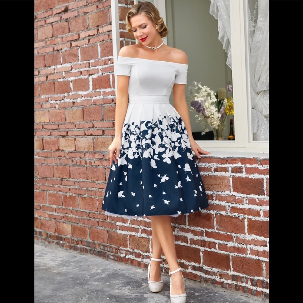 1950s Style Off Shoulder Butterfly Swing Dress